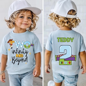 Camiseta de cumpleaños personalizada de Toy Story Infinity para niños - Camiseta de fiesta de Buzz Lightyear con nombre personalizado