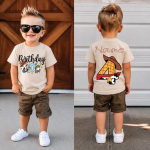 Personalized Toy Story Birthday Shirt: Custom Age & Name, Woody and Buzz Theme for Boys, Space Ranger Cowboy Tee