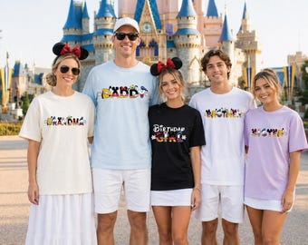 Camisetas familiares a juego con dibujos animados, camiseta de cumpleaños para niña, camisetas para mamá, papá, hermano y hermana, conjunto familiar para parque temático, camisetas con nombres personalizados