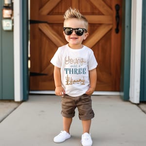 Customized Third Birthday Kid’s T-Shirt | Young, Wild and Three, Custom with Name, Toddler Tee | Wild West Western Rodeo Cowboy Desert Shirt