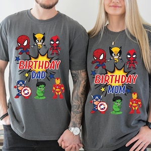 Koszulka urodzinowa Superhero Family | Koszulka imprezowa inspirowana komiksami dla dzieci, chłopców, mamy i taty