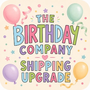 May include: A square graphic with rounded corners featuring the text THE BIRTHDAY COMPANY SHIPPING UPGRADE in colorful block letters. The design includes pink, mint green, lavender, and yellow balloons, ribbons, and small confetti dots on a cream background.