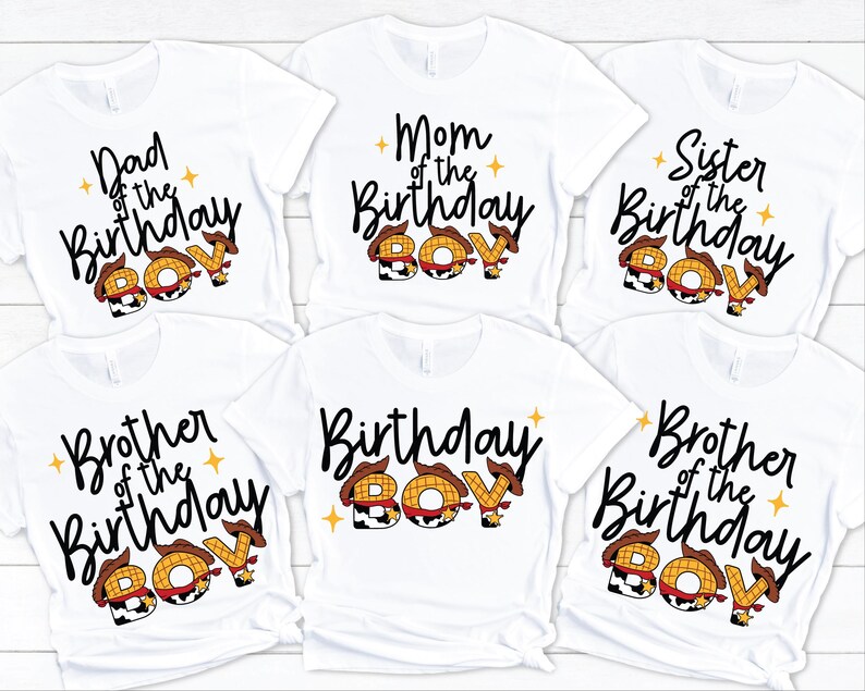 May include: White t-shirts with black text and a cartoon cowboy design. The shirts read "Dad of the Birthday Boy", "Mom of the Birthday Boy", "Sister of the Birthday Boy", and "Brother of the Birthday Boy".