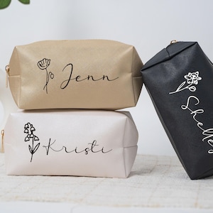 Personalized Leather Makeup Bag - Custom Monogram Cosmetic Bag - Bridesmaid Gift Idea - Birth Month Toiletry Bag for Bridal Party