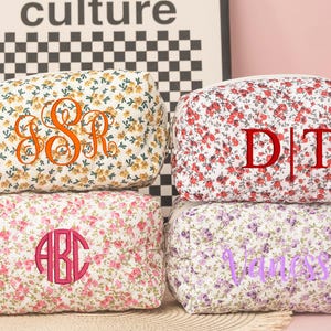 Custom Embroidered Makeup Bag for Her, Personalized Quilted Cosmetic Pouch, Floral Travel Toiletry Bag, Unique Bridesmaid Gift,Gift for Her