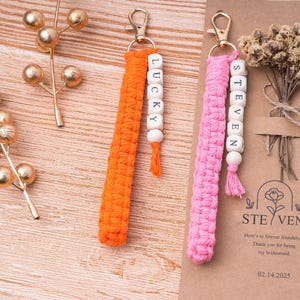 Custom Boho Bridesmaid Bracelet Keychain Personalized Name Macramé Wristlet for &#39;Will You Be My Bridesmaid&#39; Proposals, Wedding Party Favors