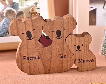 Holz Koala Familie Puzzle, Familienname Figuren, Familie mit 3 Geschenk Umweltfreundliche Kinderzimmer Dekor, neue Mutter Geschenk, Umarmung Koala Dekor