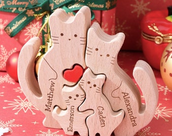 Wooden Cat Family Jigsaw Puzzle, Cat Keepsake for Cat Lovers, Wood Cat Family Figurines, Anniversary Gift for Wife, Christmas Gift for Mom