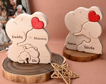 Hölzernes Puzzle der Elefantenfamilie, Elefantverzierung, Eltern, Geschenke, Elfenbein-Jahrestagsgeschenke, Familiengeschenke für Frau, graviertes Holzdekor