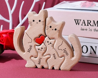 Wooden Cat Family Puzzle, Cat Lover Gifts, Personalized Animal Jigsaw, Custom Cat Name Puzzle for Parents, Wooden Home Decor for Cat Lovers