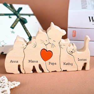 Wooden Cat Family Puzzle, Wood Cat Statues, Engraved Cat Figurines, Wood Cat Toy for Kids, Cat Family Gifts, Birthday Anniveersary Cat Gifts