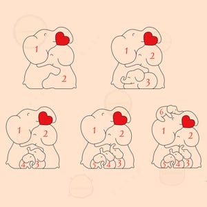 May include: A collection of line art illustrations featuring elephants in various family configurations. Each elephant has a red heart and is hugging or interacting with smaller elephants. The illustrations are in a minimalist style.