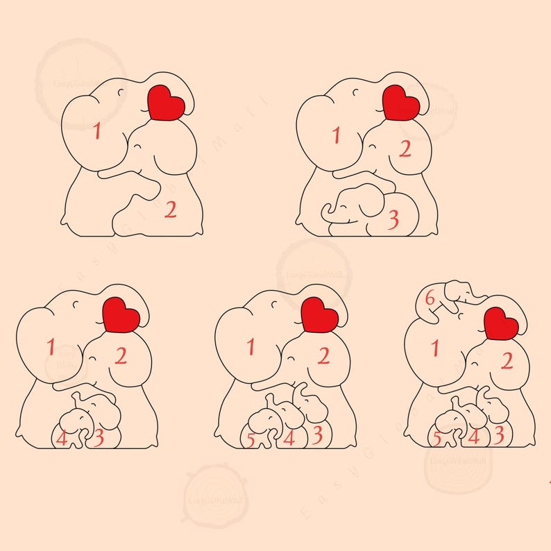 May include: A collection of line art illustrations featuring elephants in various family configurations. Each elephant has a red heart and is hugging or interacting with smaller elephants. The illustrations are in a minimalist style.