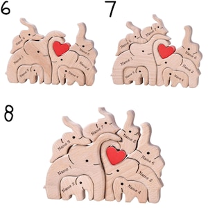 May include: Wooden elephant family puzzles with a red heart detail. Each puzzle is made of light-colored wood and features multiple elephants of varying sizes. The puzzles are designed to be personalized with names.