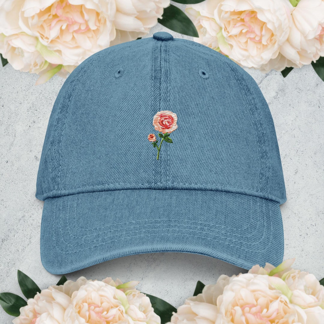 Embroidered Pink Rosebud Denim Hat - Etsy display picture 1