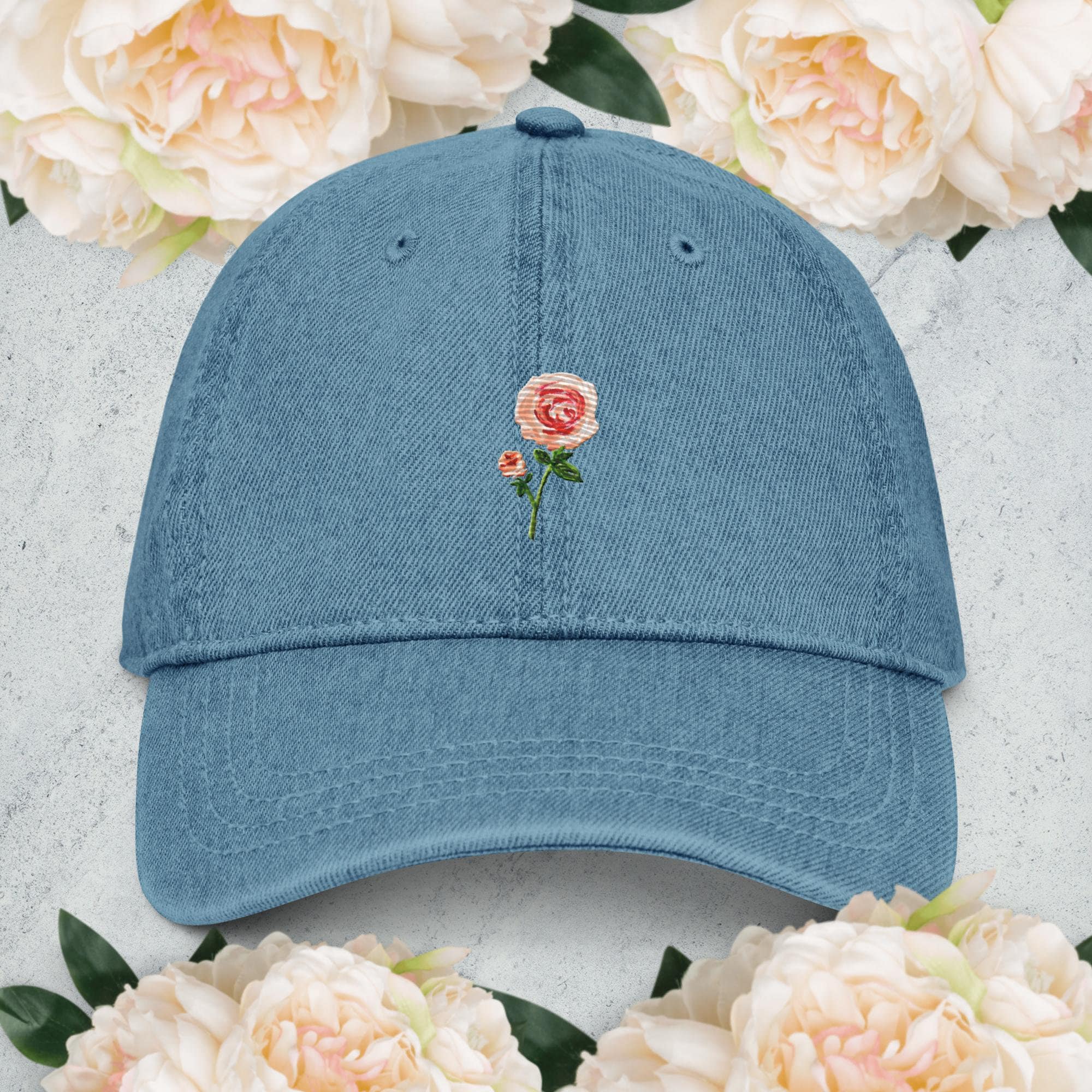 Embroidered Pink Rosebud Denim Hat - Etsy display picture 3