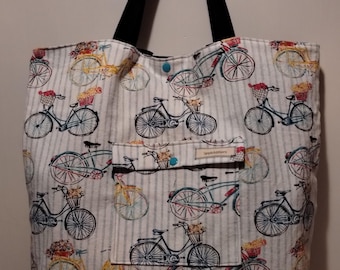 Snapping Flat-Bottomed Bicycle Lined Canvas Tote Bag, Large