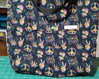 Quilted Flat-Bottomed Lined Snapping Tote, Shopping Bag, Purse with Inner and Outer Pockets in Cannabis-Themed Fabric