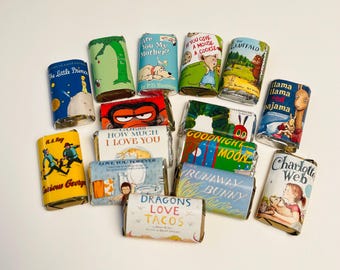 50 Children&#39;s Books Personalized Mini Candy Bar Wrappers for party favors small gifts