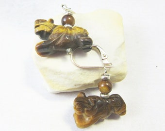 TIGER STONE EARRINGS - Carved Tiger Earring -  Tiger Eye Stone Earring - Animal Totem Gift - Zen Style Jewelry - Lever Back Earrings