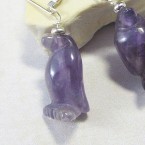 Penguin necklace, amethyst jewelry, purple penguin earrings, funny gift for her, carved stone animal earrings