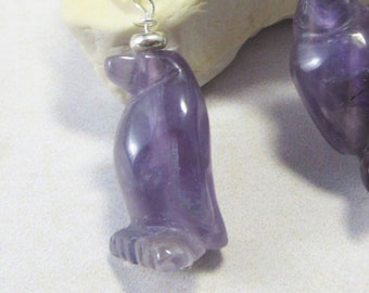 Penguin necklace, amethyst jewelry, purple penguin earrings, funny gift for her, carved stone animal