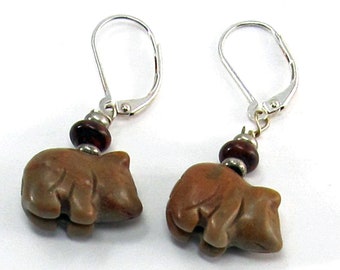 Carved Stone Pig Earrings, Cute Animal Jewelry, Piggy Lover Gift, Chubby Pig Funny Barnyard Theme