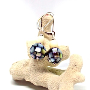 Mother of Pearl Mosaic Orb Earrings: Sterling Silver Lever-Back Dangles