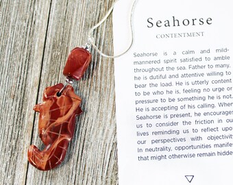 SEA HORSE PENDANT - Red Jasper Seahorse Jewelry -  Unisex Necklace - Rainbow Jasper Carved Animal - Aquarist Gift