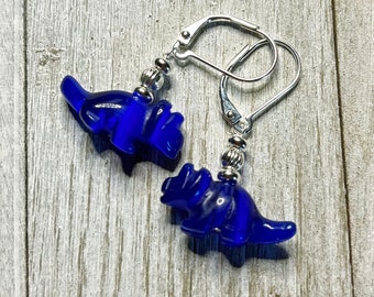 Triceratops earrings - dinosaur earrings - dinosaur jewelry - blue earrings - silly fun kitch gift animal earring