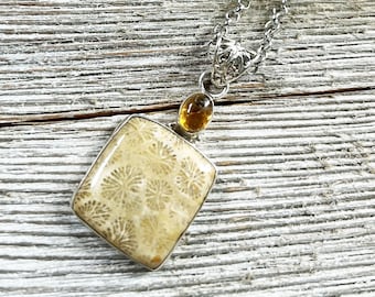 Fossil Coral Jewelry Set: Topaz, Sterling Silver Earrings, 24" Necklace