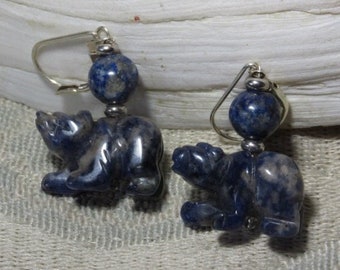 Sodalite bear earrings - gift for mammalogist - jewelry gift for bear totem, not a grizzly gift for the animal lover you know