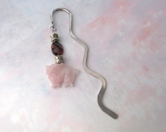 Dragon Bookmark with Rose Quartz Carved Dragon. Gift for the fantasy animal and mystery reader.  Bullet Journal Page Marker