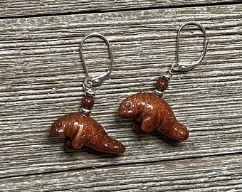 MANATEE EARRINGS - ARTISAN Jewelry, Goldstone Lever Back Earrings, Silver Stone Earring, Women Jewelry, Handmade Earrings, Gift for Beach