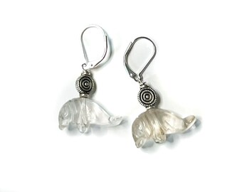 MANATEE Earrings, Clear Quartz Drop Earrings, Carved Stone Manatee Jewelry, Ocean themed gift for an ocean lover