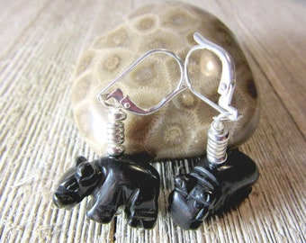 Hippo gift, hippopotamus earrings, hippo jewelry, carved stone animal, black onyx stone,  hippopotamus jewelry