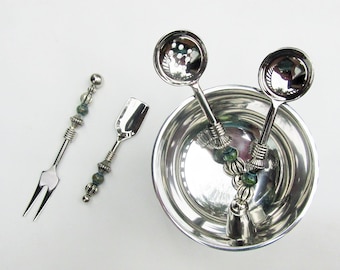 Party serving set, Custom Design, stainless steel fork, slotted spoon, teaspoon, soft cheese spreader, olive fork