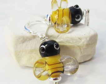 Beekeeper gift - HONEY BEE EARRINGS, cheerful Art Glass Earrings for the bee lover, apiarist jewelry gift, earthy aesthetic, fun spring gift