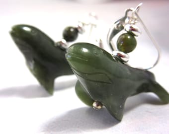 WHALE EARRINGS - Humpback whale animal earrings, nephrite stone jewelry,-Last Pair :(