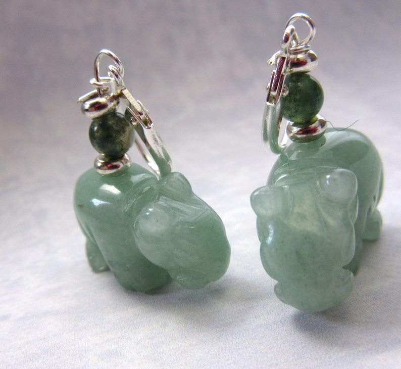 HIPPOPOTAMUS JEWELRY hippo earrings, green aventurine carved stone, adventuring hippo earrings, carved animal earring image 3