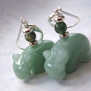 HIPPOPOTAMUS JEWELRY hippo earrings, green aventurine carved stone, adventuring hippo earrings, carved animal earring image 4