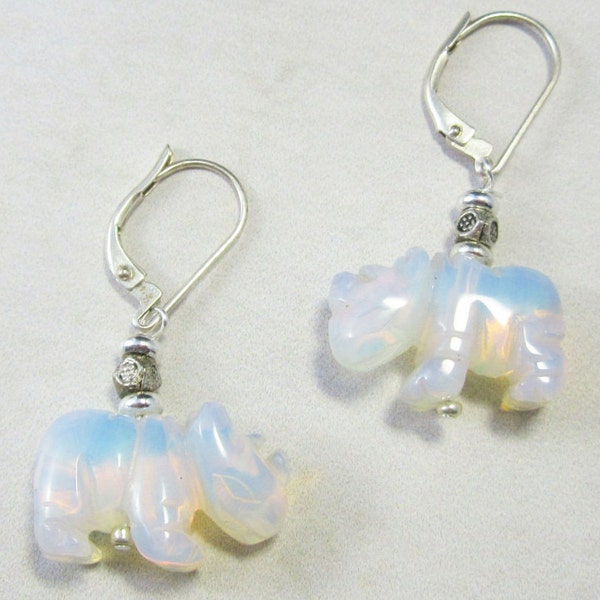 WHITE RHINO EARRINGS - Lever Back Earrings - Moonstone Drops – Rhinoceros Earrings - Earlobe Earrings - Gift For Her - Opalescent Earrings