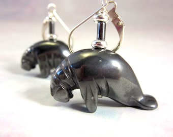 Hematite Manatee Earrings: Sea Life Dangle Jewelry