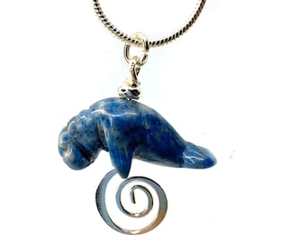 MANATEE BLUE NECKLACE - Animal Pendant - Carved Stone Sodalite  - Beach Lover Jewelry - Silver Snake Chain - Cute Animal Gift