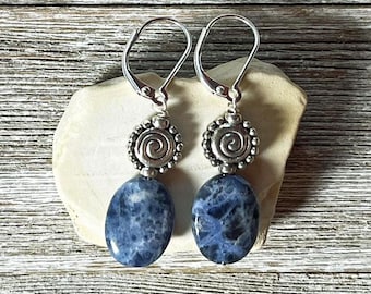 Sodalite earrings with silver spiral accents - artisan-designed gemstone jewelry for creativity, intuition, and self-expression