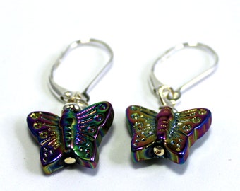 BUTTERFLY EARRINGS - woodland jewelry, a shimmery butterfly lover gift for her, Aurora Borealis Finish, nature lover gift