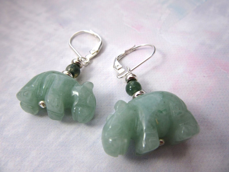 HIPPOPOTAMUS JEWELRY hippo earrings, green aventurine carved stone, adventuring hippo earrings, carved animal earring image 2