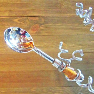 Bowl set, Stainless steel bowl, peach art glass legs, slotted spoon, matching spoon, condiment bowl, dip bowl, serving bowl image 9