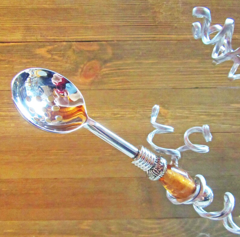 Bowl set, Stainless steel bowl, peach art glass legs, slotted spoon, matching spoon, condiment bowl, dip bowl, serving bowl image 9