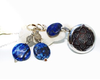 Lapis Lazuli Jewelry Set - aromatherapy locket necklace, circular disc earrings, lotus pendant, separate or as a set, SWELL to Smell